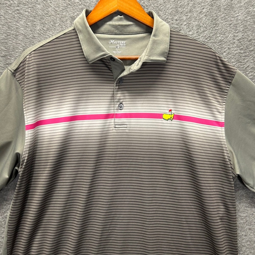 Masters Tech Mens Golf Polo Shirt Large Grey Pink Striped Performance MT1755-03
